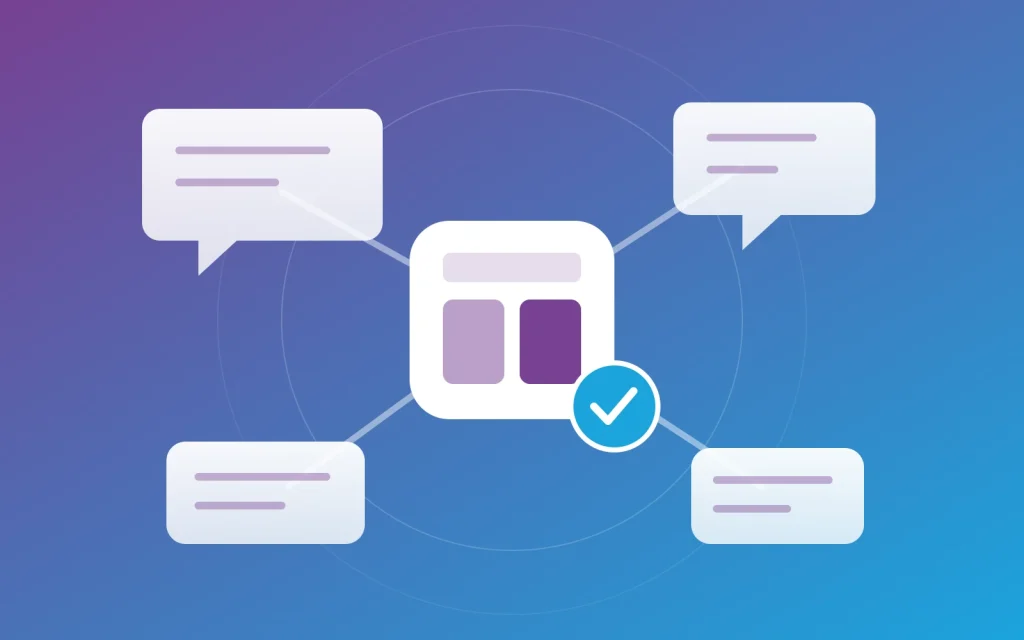 Ilustração abstrata de conversas conectadas a uma organização central.